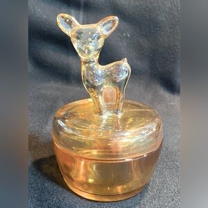 Vintage 1940's Jeanette Marigold Carnival Glass Deer Fawn Powder Trinket Candy